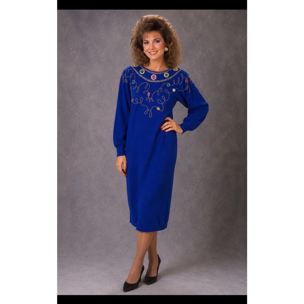 Y2k VTG 80's Grannycore Darian Sweater Dress Sz M Blue Rhinestone Punkrock
